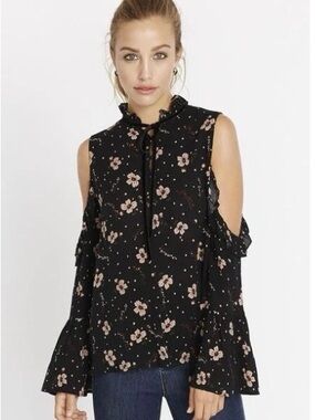 Buffalo David Bitton Black Floral Ruffle Tie-Neck Cold Shoulder Top